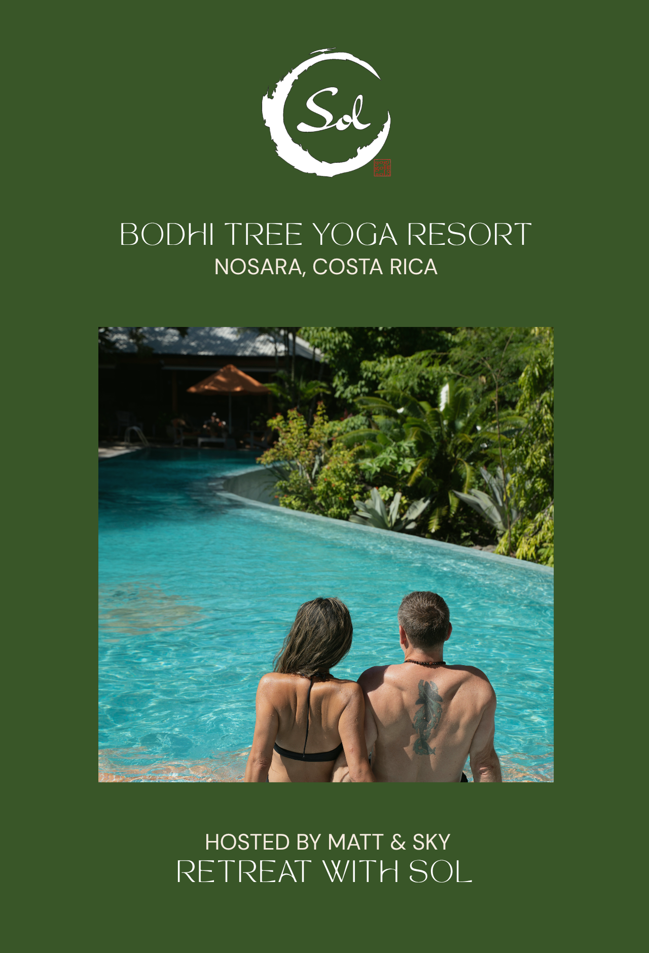 Hero image: poolside scene at Bodhi Tree Yoga Resort with tropical plants in Nosara, Costa Rica, viewed from behind two swimmers in the pool.